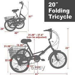 Adult Folding Bike Tricycle 20 3-Wheel 7-Speed Trike Cyan withBasket + Safe Brake