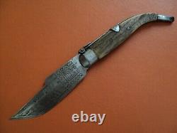 Antique beautiful spanish folding knife giralda sevilla acid etched blade stag