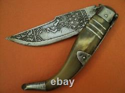 Antique spanish navaja luxe folding knife blade acid engraved both sides horn