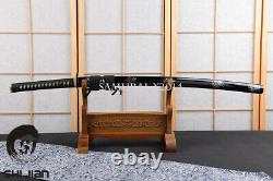 Black Folded Steel Japenese Samurai Sword Wavy Hamon Flower Pattern Kashira