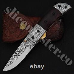 Custom Handmade Carbon Steel Folding Knife With Leather Sheath Fully Engraved