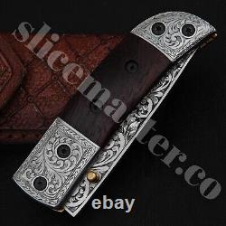 Custom Handmade Carbon Steel Folding Knife With Leather Sheath Fully Engraved