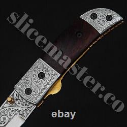 Custom Handmade Carbon Steel Folding Knife With Leather Sheath Fully Engraved