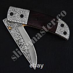 Custom Handmade Carbon Steel Folding Knife With Leather Sheath Fully Engraved