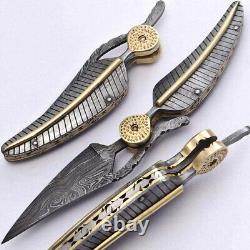 Customized Hand Forged Engraved Damascus Steel Folding Knife w Leather Sheath