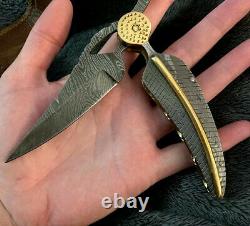 Customized Hand Forged Engraved Damascus Steel Folding Knife w Leather Sheath