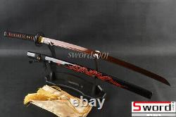 Damascus Folded Steel Japanese Samurai Katana Sword Bloody Red Blade Dragon Saya