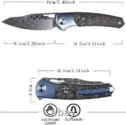 Damascus Folding Pocket Knife EDC Titanium Carbon Fiber Handle Camping Outdoor