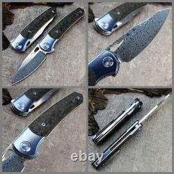 Damascus Folding Pocket Knife EDC Titanium Carbon Fiber Handle Camping Outdoor