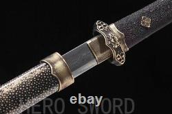 Handmade Damascus Folded Steel Tang Dao Black Genuine Ray Skin Chinese Sword