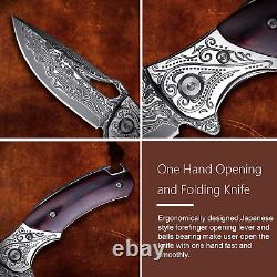 Handmade Damascus Steel Blade Folding Knife Roswood Handle Outdoor Pocket Knife