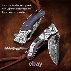 Handmade Damascus Steel Blade Folding Knife Roswood Handle Outdoor Pocket Knife