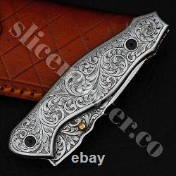 Handmade Fully Engraved Carbon Steel Folding Knife Pocket Knife Hunting Knife