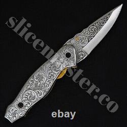 Handmade Fully Engraved Carbon Steel Folding Knife Pocket Knife Hunting Knife