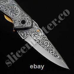 Handmade Fully Engraved Carbon Steel Folding Knife Pocket Knife Hunting Knife