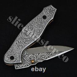 Handmade Fully Engraved Carbon Steel Folding Knife Pocket Knife Hunting Knife