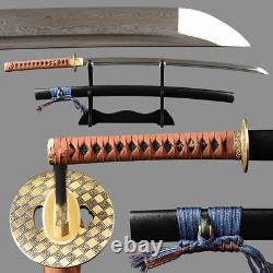 Katana Japanese Sword Folded Carbon Steel Brown Leather Cord Brass Fittings Cut