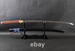 Katana Japanese Sword Folded Carbon Steel Brown Leather Cord Brass Fittings Cut