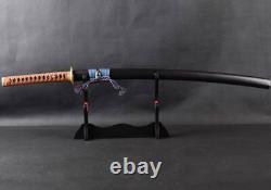 Katana Japanese Sword Folded Carbon Steel Brown Leather Cord Brass Fittings Cut