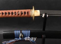 Katana Japanese Sword Folded Carbon Steel Brown Leather Cord Brass Fittings Cut