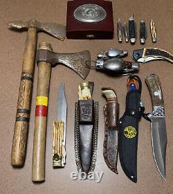 Lot Of 15 Knives Folding And Stationary- 2 Tommy Hawks/ Hatchets