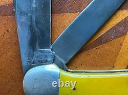 Moore Maker Folding Hunter Folding Knife Yellow Full Size Dark Blades Blued Tx