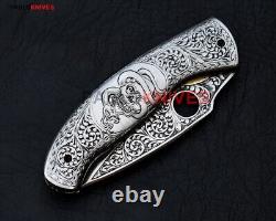 Premium Black Hand Forged Carbon Steel Handmade Engraved, Pocket, Folding Knife