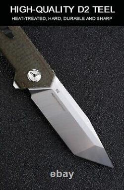 Tanto Folding Knife Pocket Hunting Survival Combat Outdoor D2 Steel Flax Handle