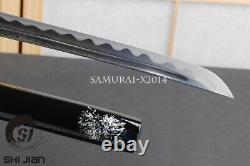 Black Polded Steel Japenese Samurai Sword Wavy Hamon Flower Pattern Kashira