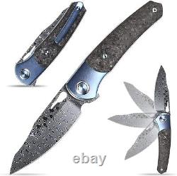 Couteau de poche pliant Damascus EDC avec manche en titane et fibre de carbone pour le camping en plein air