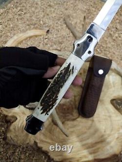 Couteau pliant à cran d'arrêt en bois de cerf de cerf 13,5 Milano Stiletto italien à ressort assisté