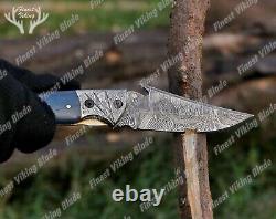 Couteau pliant de chasse/camping en acier de Damas fait main et unique, personnalisé - Meilleur cadeau