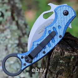 Couteau pliant karambit FOX 479BLTSW en acier inoxydable N690Co avec manche en fibre de carbone bleu