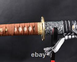 Épée de samouraï japonaise Katana en acier plié avec cordon en cuir véritable, acier au carbone tranchant.