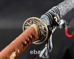 Épée de samouraï japonaise en acier plié, véritable corde en cuir, tranchante en acier au carbone