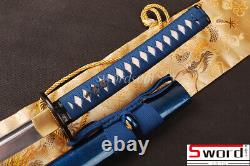 Épée japonaise Blue Saya Katana en acier au carbone plié, Ito bleu, lame brillante et tranchante.