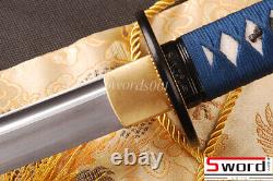 Épée japonaise Blue Saya Katana en acier au carbone plié, Ito bleu, lame brillante et tranchante.