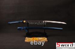 Épée japonaise Blue Saya Katana en acier plié au carbone Ito bleu lame brillante tranchante