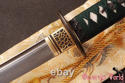 Épée japonaise Katana en acier au carbone 1095 plié et trempé à l'argile, avec une soie complète et tranchante.