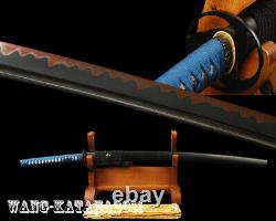 Épée japonaise Katana en acier plié 1095 Damas trempé à l'argile noir avec Hamon rouge