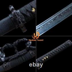 Katana de samouraï japonais en acier plié de Damas forgé à la main, tranchant, entièrement noir