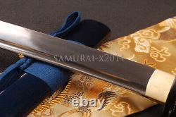 Katana japonais bleu saya en acier au carbone plié, lame brillante et tranchante avec ito bleu.