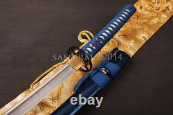 L'épée japonaise Katana à lame pliée en acier au carbone, saya bleue, Ito bleu, lame brillante et tranchante.