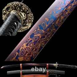 Pourpre Damas Acier Plié Samouraï Japonais Épée Dragon Katana Sharp Blade