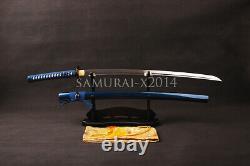 Sabre japonais Katana saya bleu en acier au carbone plié avec lame tranchante brillante en ito bleu