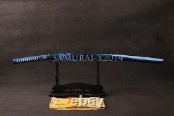 Saya bleue de katana japonais en acier plié au carbone avec ito bleu et lame brillante et tranchante